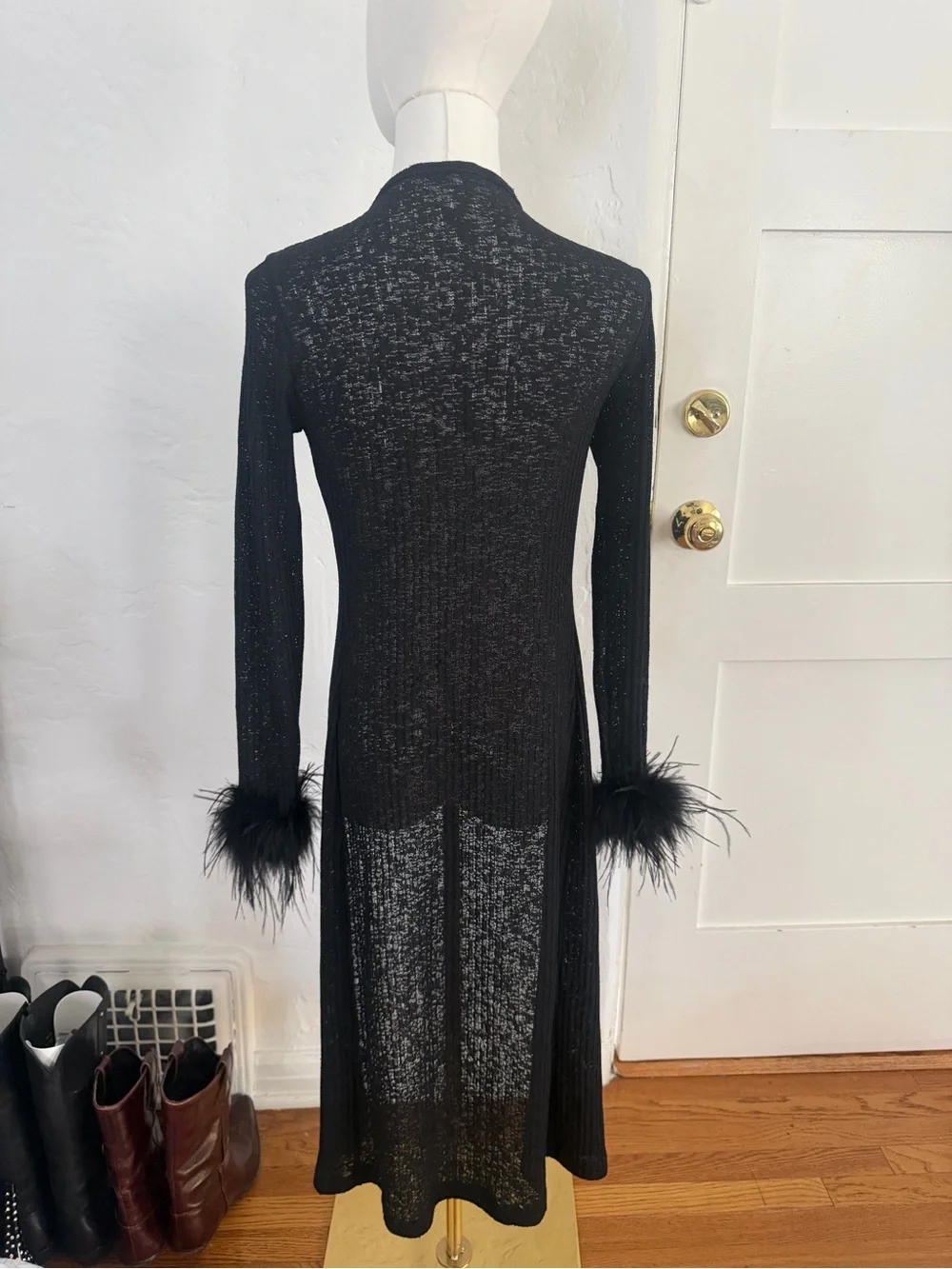 Black Feather Cuff Longline Women's Cardigan